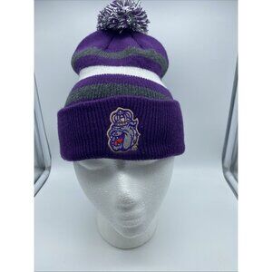JMU Dukes Purple Gray White Stripe Knit Beanie Hat Stocking Cap James Madison